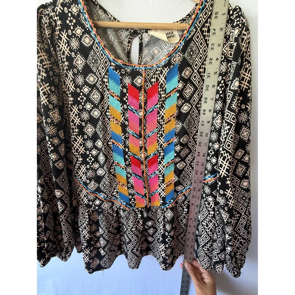 Savanna Jane Black Tribal Print Embroidered Peplum Blouse Top 1X PT10073 - Picture 7 of 8